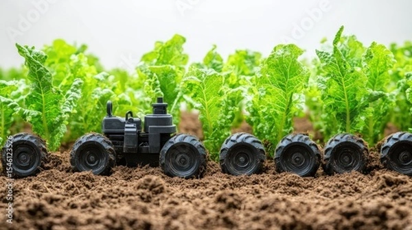 Fototapeta 3d render Mini Tractor in Lush Green Field: Precision Farming and Agriculture Technology isolated background