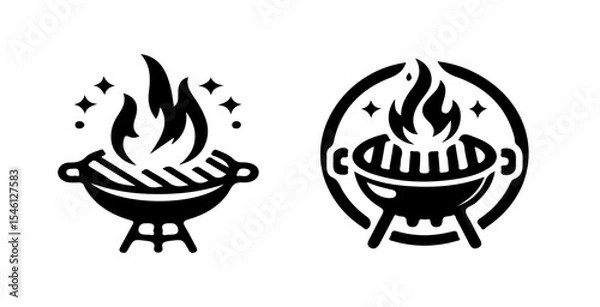 Fototapeta Two barbecue grill icons with flames and sparkles in black and white vector illustration design set