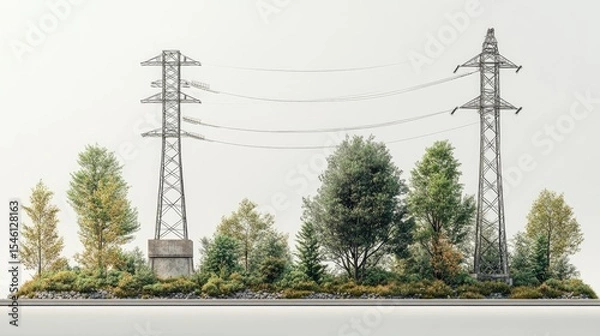 Fototapeta 3d render Power Lines and Lush Greenery: A Visual Representation of Energy and Nature isolated background