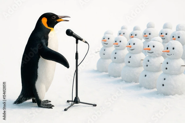 Obraz The penguin performs in front of the snowmen.