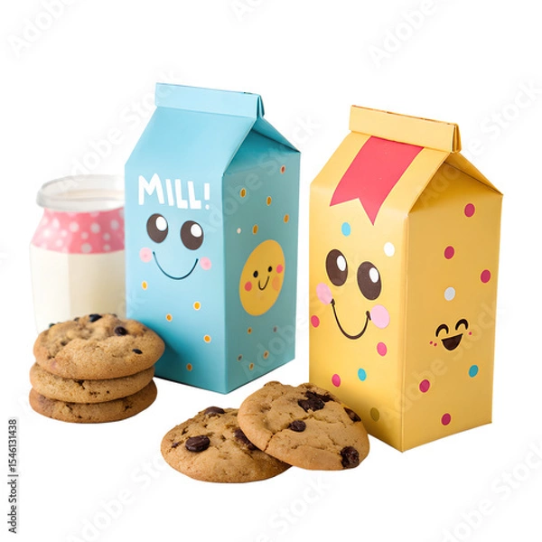 Fototapeta Adorable cartoon milk cartons holding chocolate chip cookies and smiling at each other, symbolizing perfect food pairing, friendship, and joy, isolated on a white background.