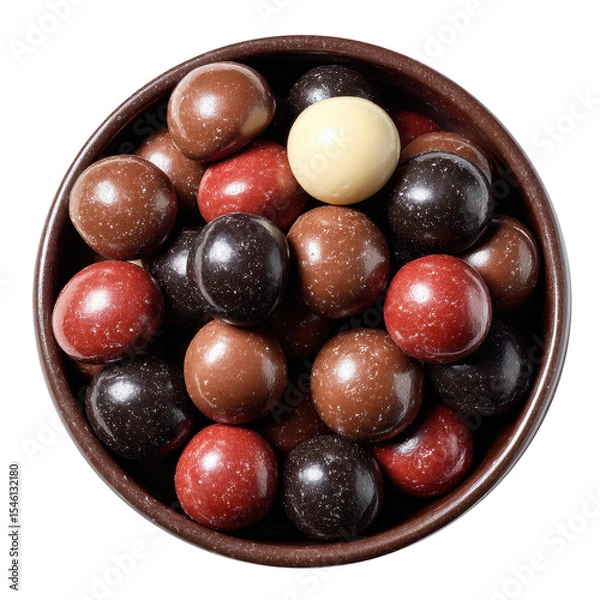 Fototapeta Top View Brown Bowl Of Mixed Chocolate Candy Balls Isolated On Transparent Background. Chocolate Candy Bowl
