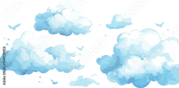 Obraz Watercolor Blue Clouds with Birds on a White Background Ideal for Children s Illustrations Wallpapers or Backgrounds Creating a Dreamy and Whimsical Atmosphere for Various