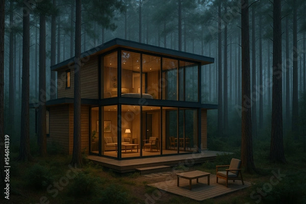 Obraz Modern Glass-Walled Cabin Nestled in Forest Offering Peaceful Nature Retreat
