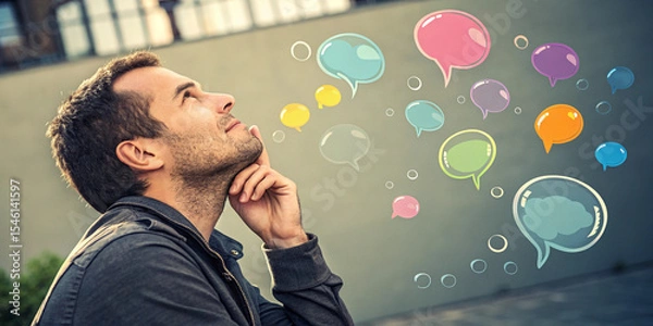 Fototapeta A Man Thinking Surrounded by Colorful Empty Speech Bubbles Representing Ideas and Creativity