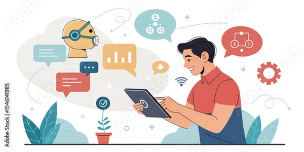 Fototapeta A Man Using a Tablet Surrounded by Colorful Speech Bubbles Representing Communication