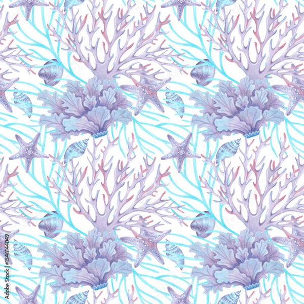 Fototapeta Seamless sea pattern of corals, shells, starfish and seaweed. Watercolor illustration of underwater animals. Hand drawn isolated art. Exotic background for fabric, textile, swimwear, baby products