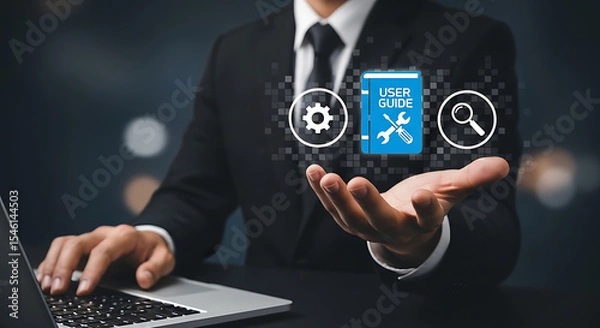 Fototapeta Digital User Guide Interface in Hand. User Guide Interaction ,User manual guide, Online instruction manual and strategy advice, .User Guide and Online Help System .