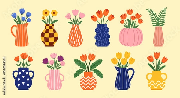 Fototapeta Vibrant Floral Arrangements in Stylish Vases A Collection of Vector Illustrations