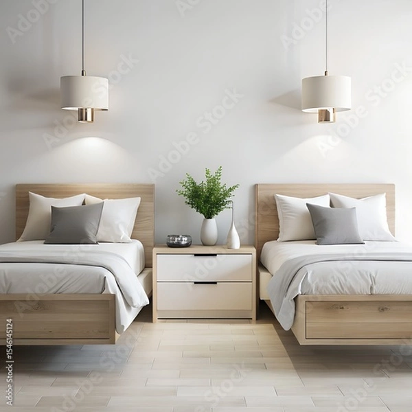 Fototapeta Floating Nightstands on White Modern Bedroom Symmetry