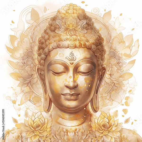 Obraz Golden Buddha sculpture surrounded by lotus flowers and intricate designs in a serene setting