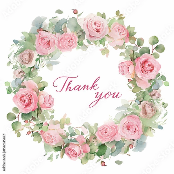 Obraz Floral wreath featuring pink roses and greenery with a message of gratitude in elegant lettering