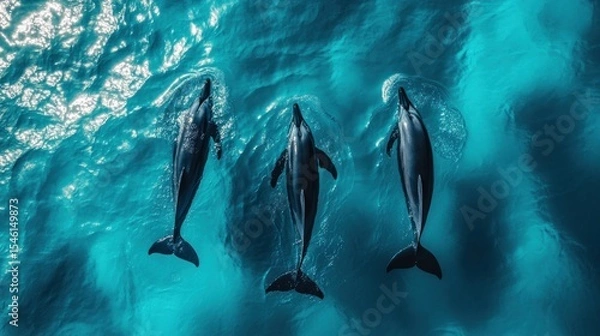 Obraz Three dolphins swim in azure water.
