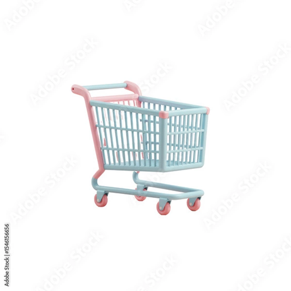 Fototapeta 3D shopping cart in pastel color design, empty trolley for retail, grocery, or supermarket themes isolated on a transparent background, png, cutout, HD
