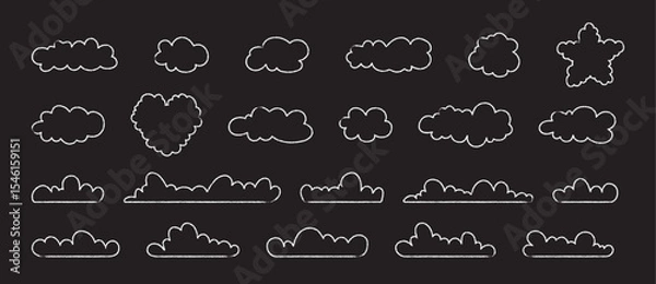 Obraz White chalk-style cloud outlines in various shapes, heart, star on a dark background. Pastel hand drawn pencil doodle fluffy weather icon set.