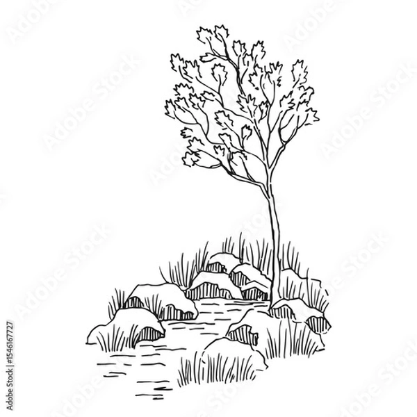 Obraz Landscape with waterfall, rocks, tree. Hand drawn vector illustration.