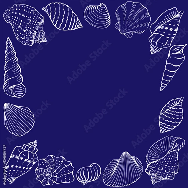 Fototapeta Frame with seashells with copy space for design or message.  Hand drawn