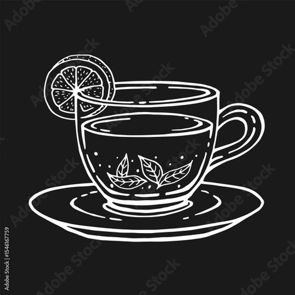 Obraz Glass cup of tea, lemon slices, tea leaves. Hand drawn vector illustration in outline style.