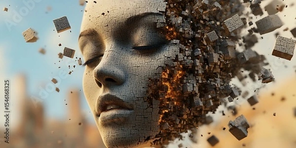 Fototapeta Digital Art Abstract Face Disintegrating into Particles Crumbling Portrait Surreal Artwork Textured Composition