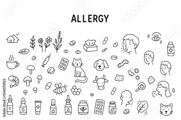 Fototapeta Set of allergy icons in doodle style. Hand drawn doodle version. Vector illustration