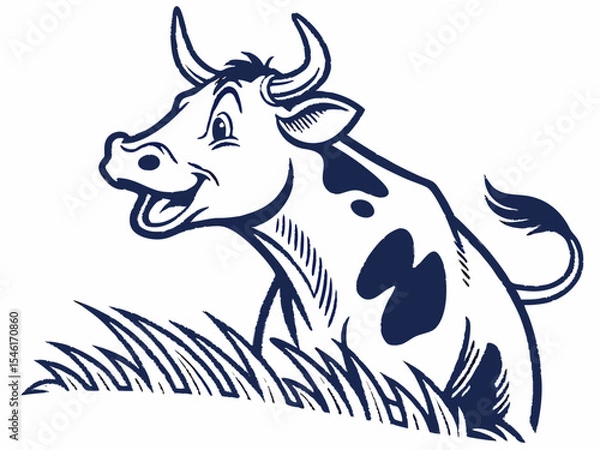 Fototapeta Happy Cow Logo Design Dark Blue and White V E C T O R Illustration Cartoon Style Cow in Grass vector