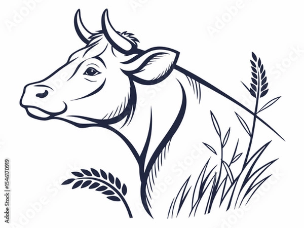 Fototapeta Cow Head Profile with Wheat and Grass Vector Illustration Dark Blue on White side view