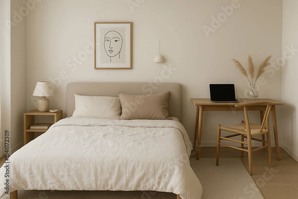 Obraz Minimalist living for creators. Cozy minimalist bedroom with beige tones, a comfortable bed, simple wooden furniture, and a small workspace featuring a laptop and pampas grass.