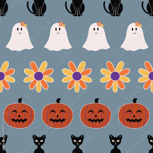 Obraz Retro 70s Halloween seamless vector pattern background design