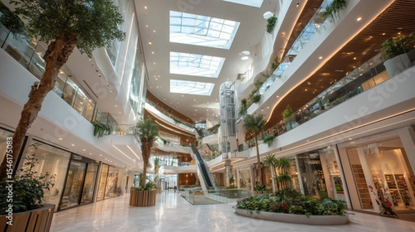 Obraz Modern shopping mall interior with clean lines and potted plants. Minimalist architecture meets natural light in urban retail space