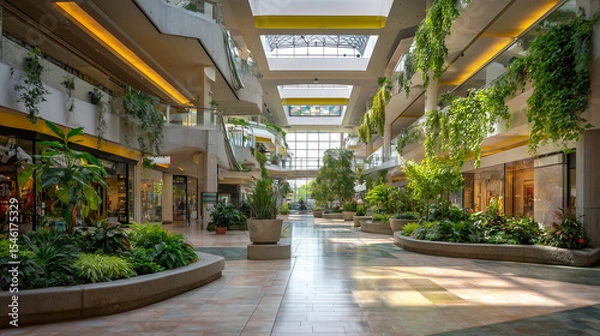 Obraz Modern shopping mall interior with clean lines and potted plants. Minimalist architecture meets natural light in urban retail space