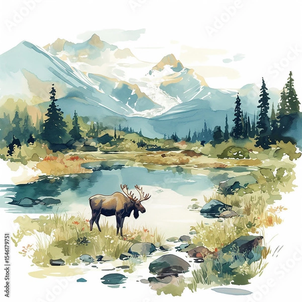 Obraz Majestic moose stands by serene lake surrounded by mountains and trees at dawn in a tranquil wilderness setting
