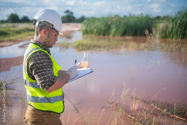 Fototapeta An environmental expert is collecting water samples from a natural pond to test the ecosystem for health.