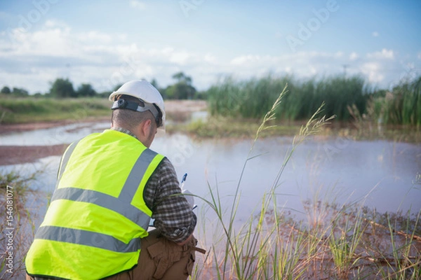 Fototapeta An environmental expert is collecting water samples from a natural pond to test the ecosystem for health.