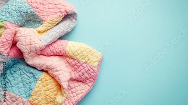 Fototapeta Colorful patchwork quilt draped on a light blue surface.