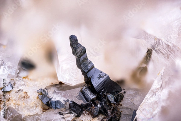 Fototapeta Black Anatase on Quartz. Specimen from Les crevasses, Jarrier, Alpes, France. Micro photography extreme close-up. microscope mineral crystal photography for Scientific use.