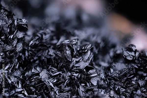 Obraz Manganite black crystals. Specimen from N'Chwaning II, South Africa. Micro photography extreme close-up. microscope mineral crystal photography for Scientific use.