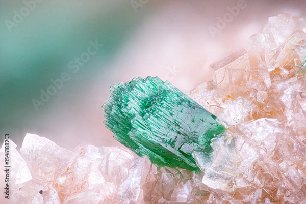 Fototapeta Green Malachite on clear Calcite. Specimen from Tsumeb mine, Namibia. Micro photography extreme close-up. microscope mineral crystal photography for Scientific use.