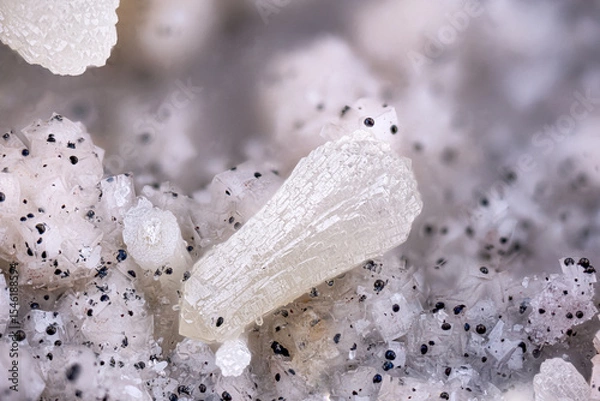 Fototapeta White Mimetite on Dolomite with black Goethite.  Specimen from Tsumeb mine, Namibia. Micro photography extreme close-up. microscope mineral crystal photography for Scientific use.