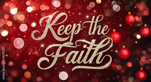 Fototapeta keep the faith calligraphic lettering on red bokeh glitter festive sparkles background motivation inspiration quote saying