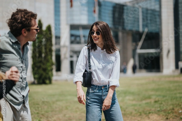 Fototapeta Smiling friends standing outdoors in a modern urban area, enjoying a casual conversation.