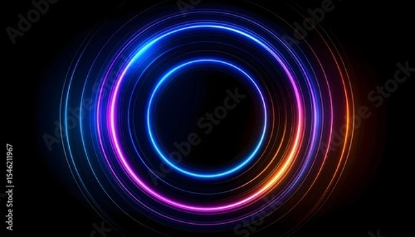Fototapeta Holographic pulses ripple from neon concentric rings on dark futuristic interface