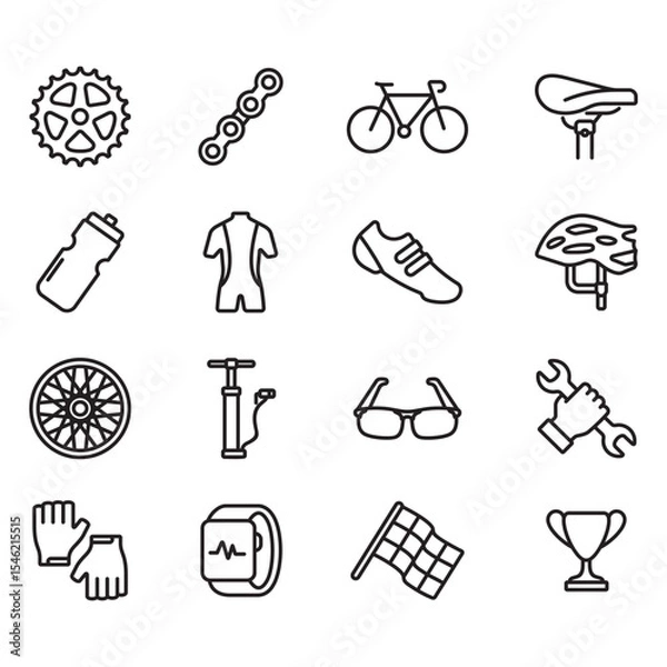 Fototapeta Cycling sport icon set. Thin line vector. Contains icons such as racing bike, chain, tire pump, championship, helmet and more.
