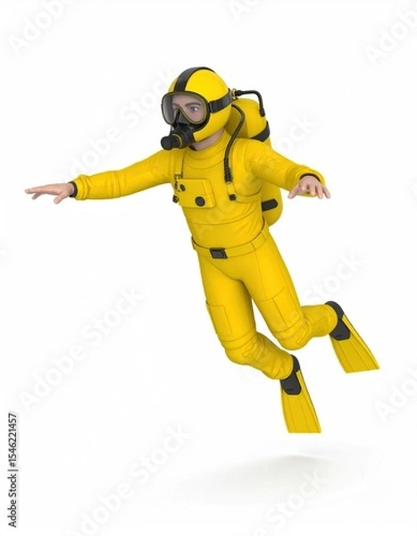 Obraz 3D Diver with Yellow Scuba Suit, Underwater, and Ocean.
