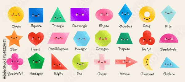 Fototapeta Geometric shapes for kids. A set of cute, funny basic figures with faces. Vector illustration in trendy Flat style