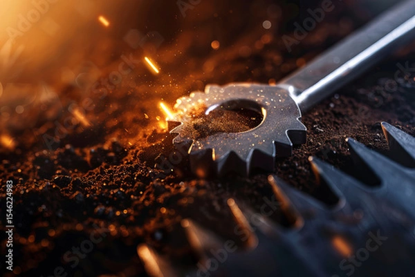 Obraz Close up of metallic tool on soil with sparks flying, showcasing craftsmanship and precision