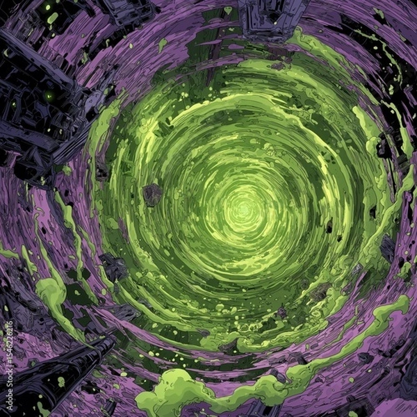Fototapeta Vibrant green and purple cosmic vortex with dark structures and powerful abstract energy