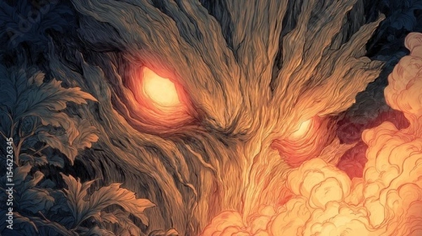 Fototapeta Intense dark fantasy illustration glowing eyes of mysterious gnarled tree monster
