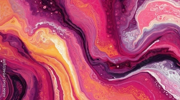 Fototapeta Artistic abstract background featuring vibrant pink, orange, purple fluid painting textures