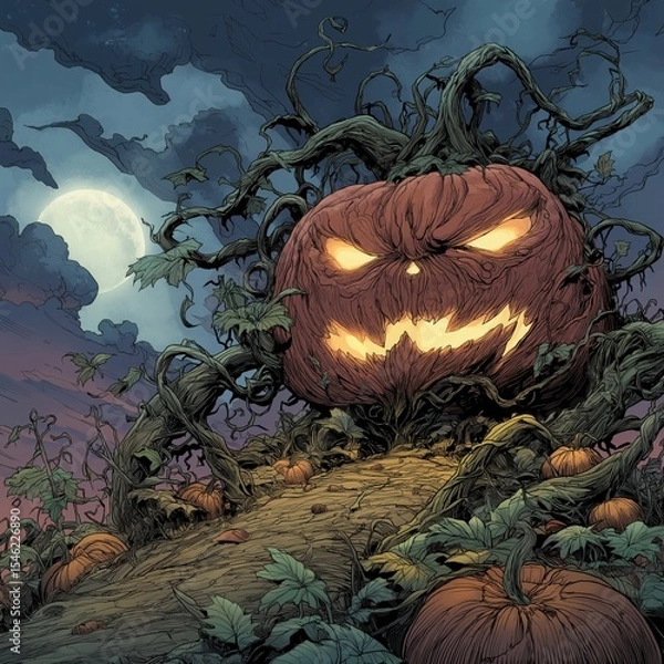 Fototapeta Giant scary Halloween pumpkin with glowing eyes under full moon eerie night