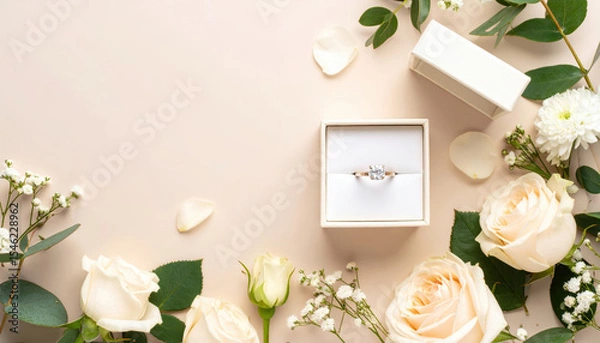 Fototapeta Elegant engagement ring in box surrounded by roses and petals on soft beige background